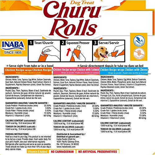 Inaba Churu Rolls For Dogs, Grain-Free, Soft/Chewy Baked Chicken Wrapped Churu Filled Dog Treats, 0.42 Ounces Each Stick| 24 Stick Treats Total (8 Sticks Per Pack), 3 Flavor Variety Pack (24 Sticks) #TOP1