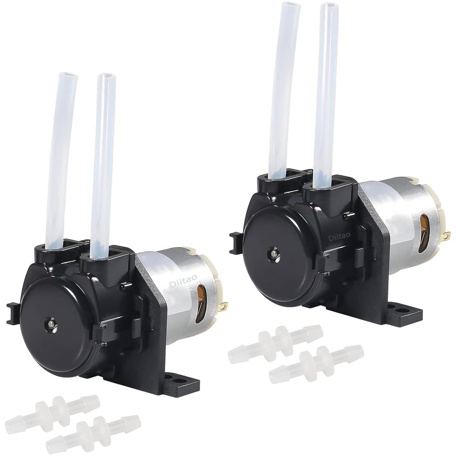 2PCS 12V DC Dosing Pump Peristaltic Dosing Head Low Flow Peristaltic Pump Liquid Small with Connector for Aquarium Lab Analytic Black