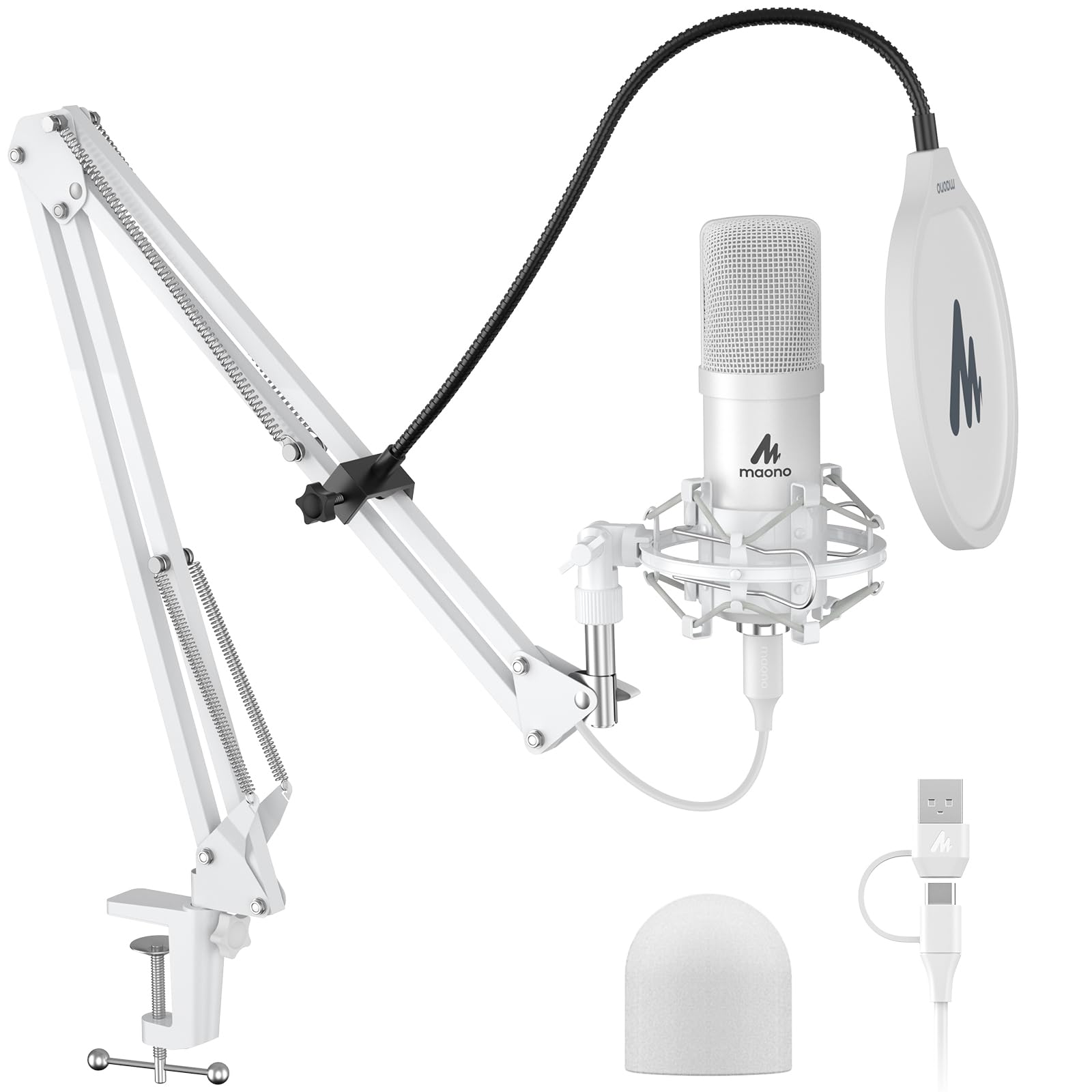 MAONO USB Microphone, 192kHz/24bit Plug & Play PC Computer Podcast Condenser Cardioid Metal Mic Kit with Professional Sound Chipset for Recording, Gaming, Singing, YouTube, AU-A04 White