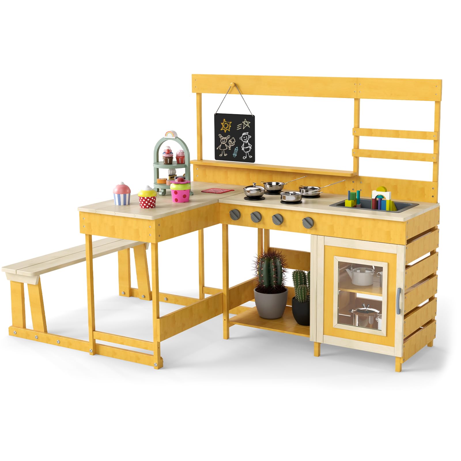 Maxmass Kids Mud Kitchen, Outdoor Toddler Play Kitchens with Picnic Table, Bench, Blackboard, Dessert Accessories, Kitchenware, Wooden Children Toy Kitchen Playset for 3+ Years Old (Yellow)