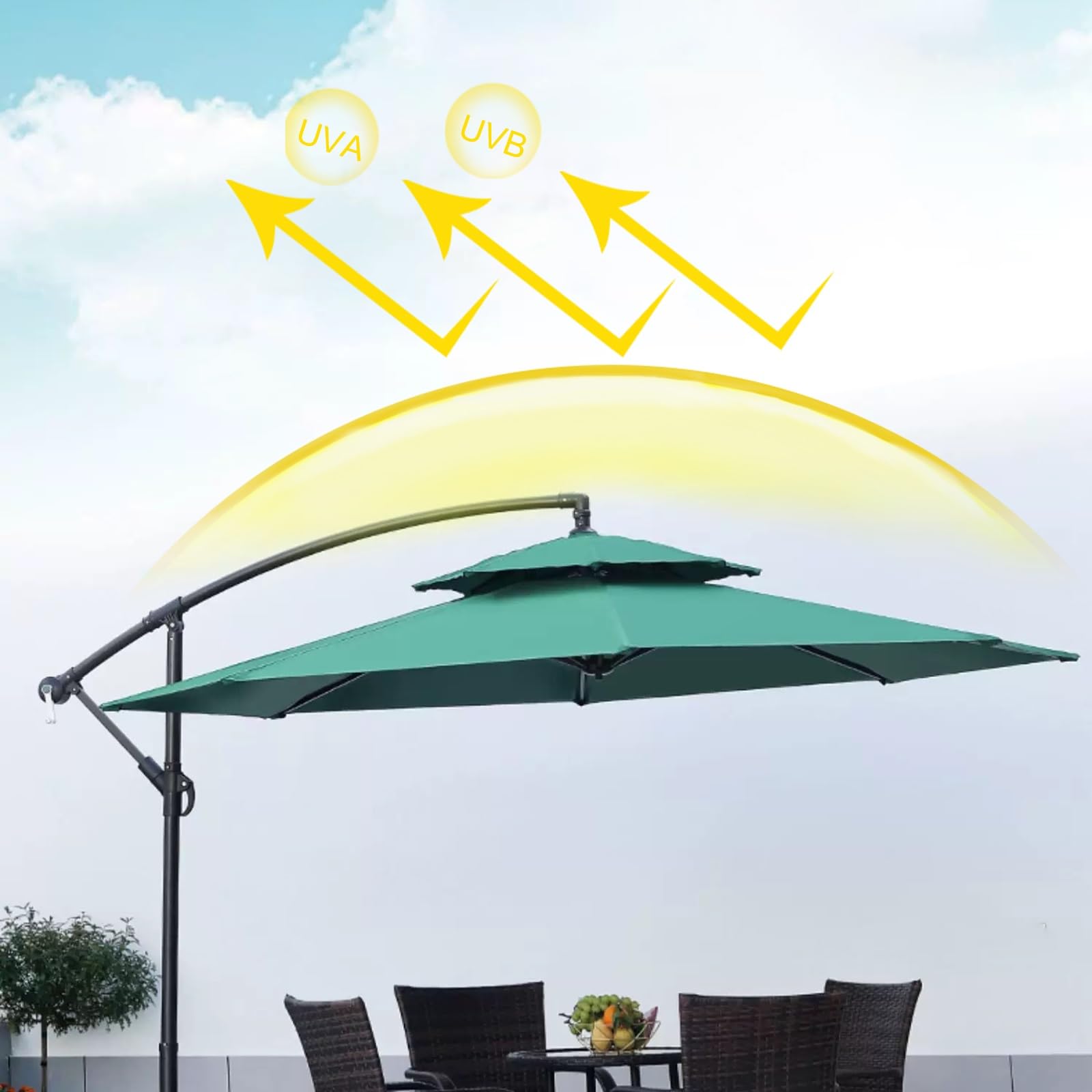 Parasol Banana Azul De 2,7 M, Sombrilla para Patio De Playa, Balcón De Doble Techo Disponible, Manivela Manual