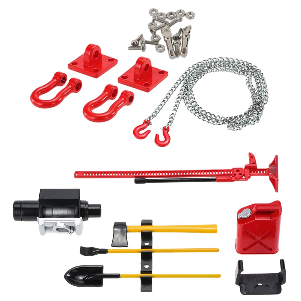 RC Crawler 1/10 Cilindro de Combustible Kit de Herramientas de Gato con Cadena de Gancho de Remolque para Axial SCX10 CC01 - Rojo