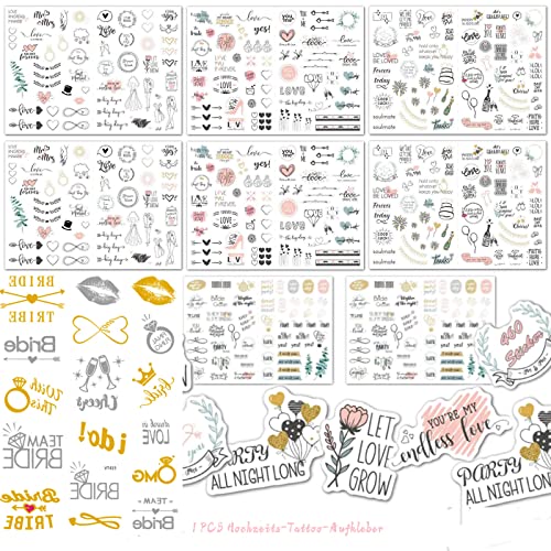 Autocollant Mariage, 8 Feuilles 460 Sticker Mariage et 1 Feuilles Autocollants de Tatouage de Mariage, Stickers Scrapbooking pour Décorer Les Livres d'or de Mariage Albums Photo de Mariage Cover