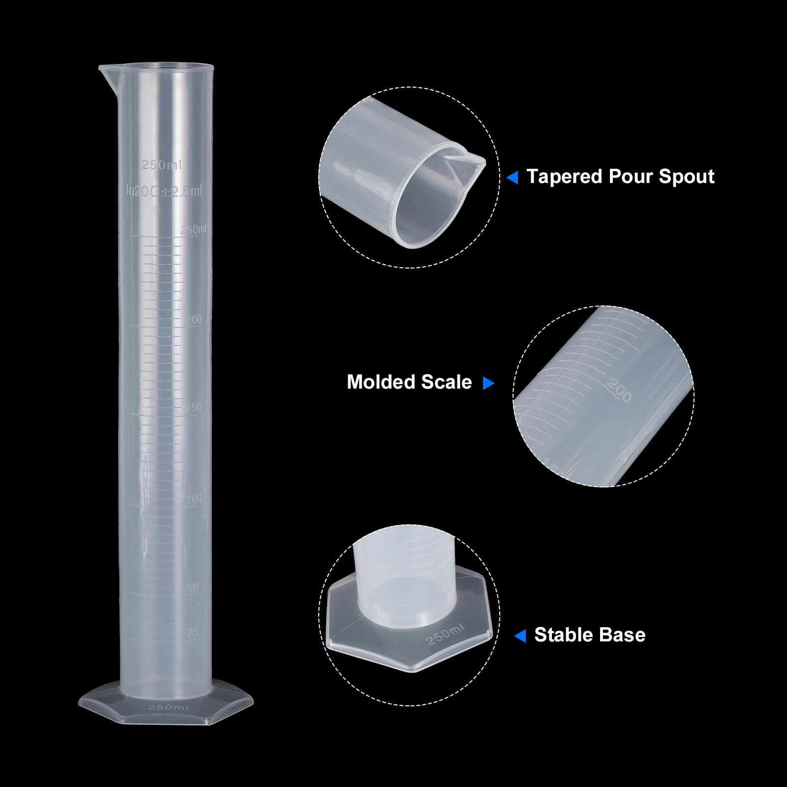 PATIKIL 250ml PP Plastica Cilindro Graduato 6 Pacco Esagonale Base Bianco Graduazione Misurazione Cilindro per Laboratorio Casa Utilizzo Trasparente Bianco