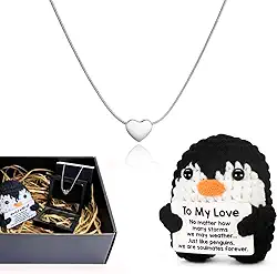 Presente Feminino Romântico Inesquecível Namorada Esposa Dia dos Namorados - Kit Pinguim de Crochê e Colar de Coração em Aço Inoxidável - Embalagem Premium para Surpreender