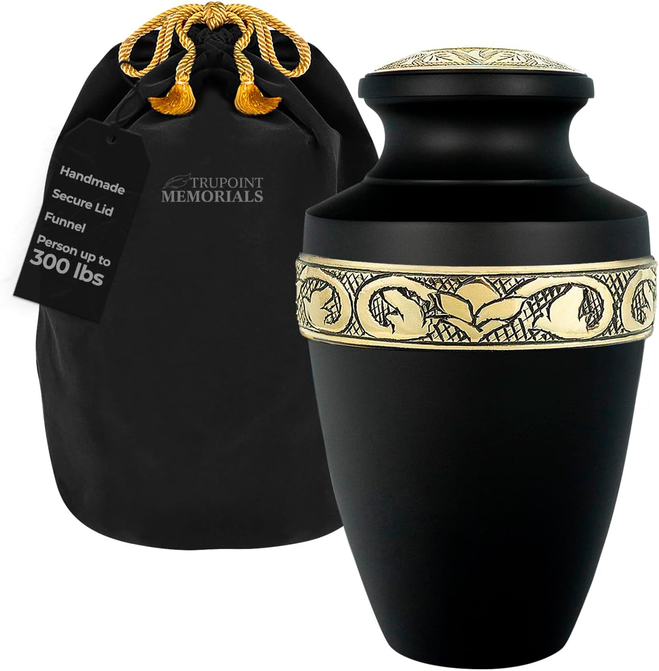 Trupoint Memorials Extra Large Urn for Ashes Adult Male or Female Up to 300 lbs โ Cremation Urns for Human Ashes, Funeral Memorial Urns for Men & Women โ Grecian Black Gold