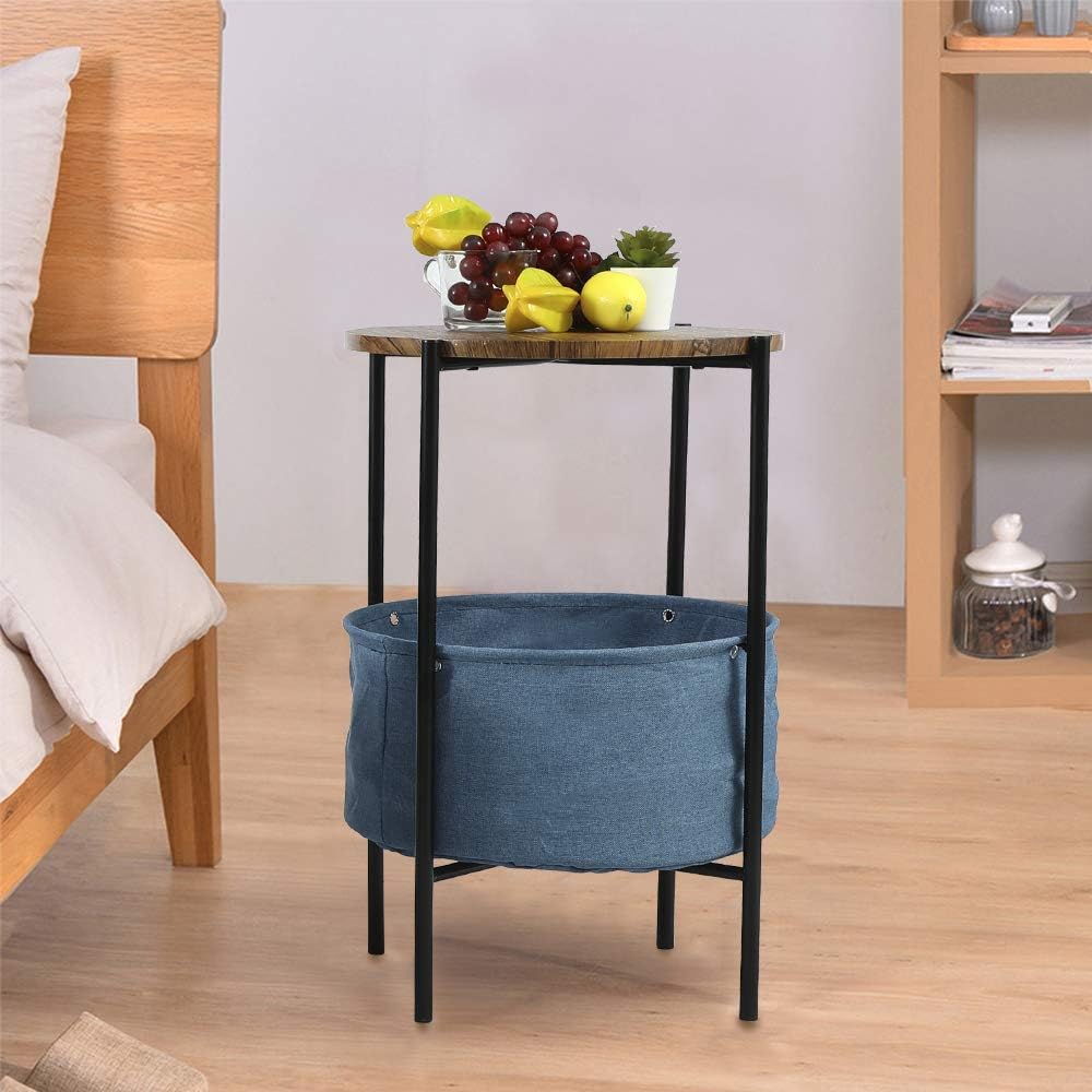 Authentic Crazy Deals End Table Nightstand Side Coffee Table - Wood Metal Frame Fabric Storage Basket Round for Livingroom Bedroom Detachable(Wood-Blue Bag, 2-Layer)