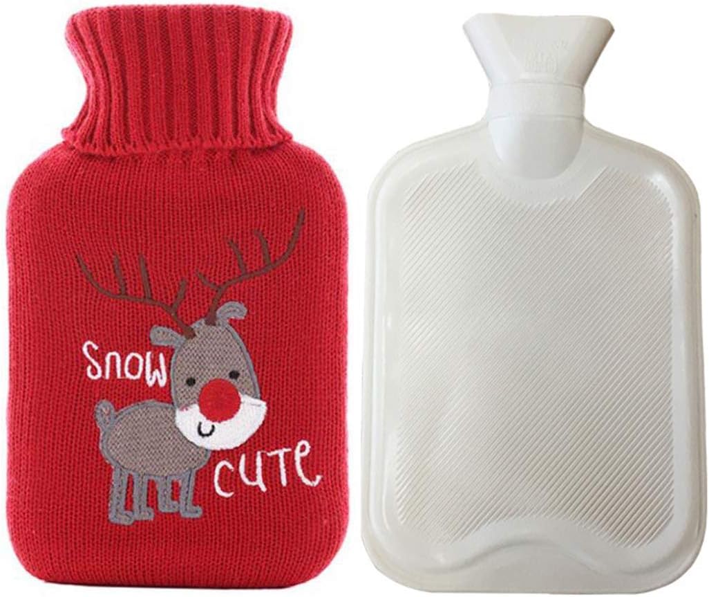 Mini Hot Water Bottle, Hot Water Bag with Reindeer Printed Cover Soft Knitted + Natural Rubber Hot Water Bottle Portable for Kids Keeping Warm & Pain Relief Christmas Bday Gift | Xmas Hot Water Bottle
