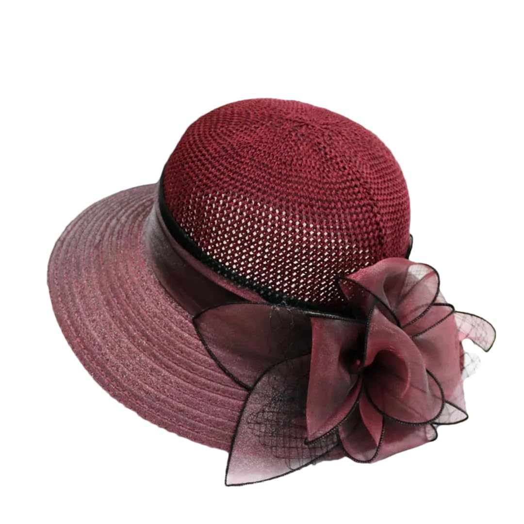 Yeuyyben Cappello estivo da donna in organza con fiore in rete, cappello estivo per vacanze e spiaggia, cappello da sole a tesa larga, cappello da sole Sombreros