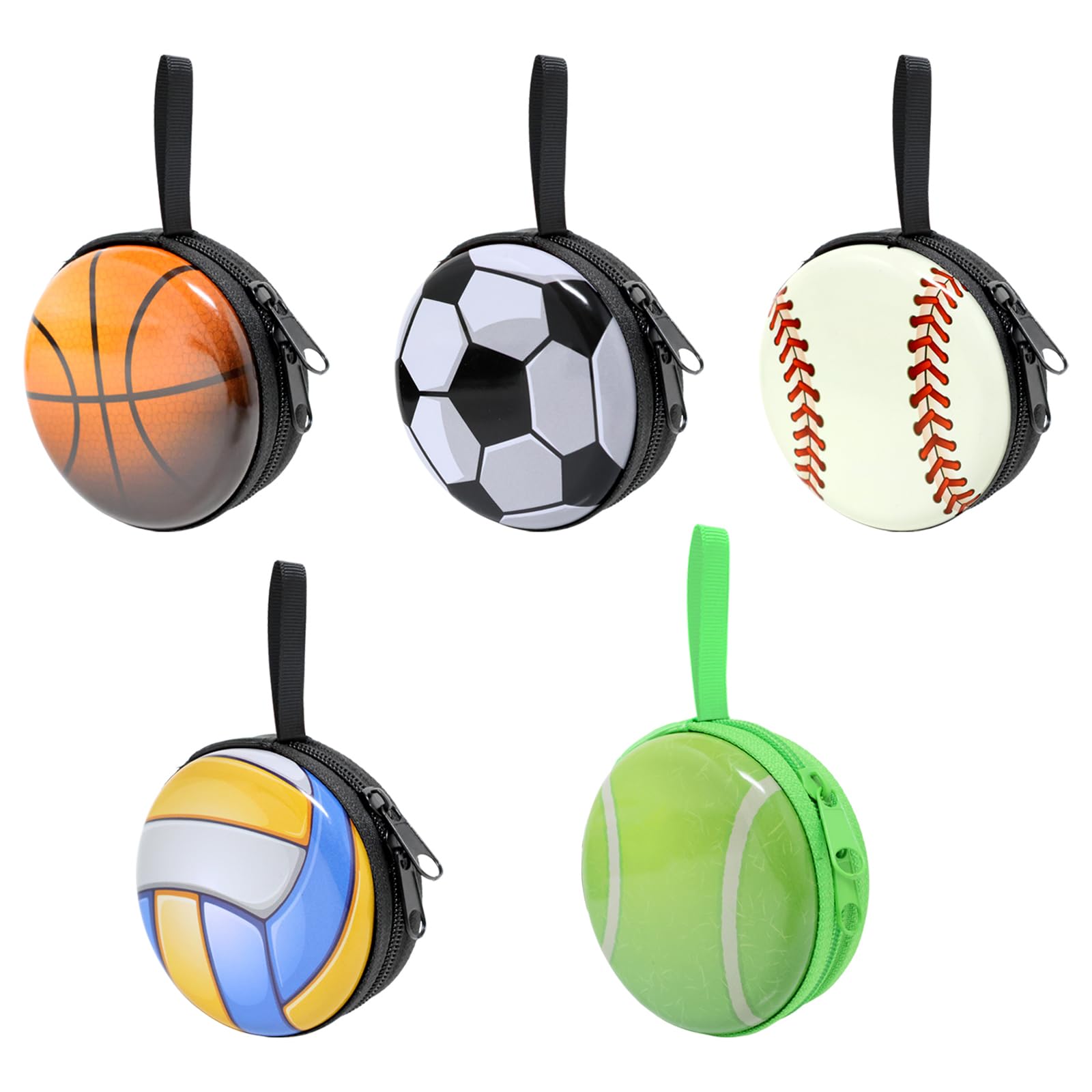 Honbay 5PCS Sports Ball Pattern Coin Purse Trinkets Pouch Baseball Basketball Tennis Volleyball Soccer Storage Case Box Organizer Bag for Earphone USB
