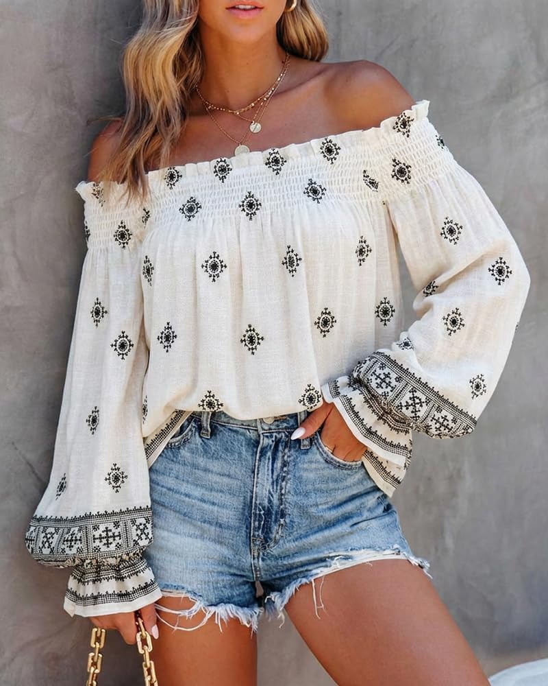 CHICME Women’s Boho Off The Shoulder Linen Blouse Long Lantern Sleeve Shirred Smocked Neck Frill Hem Vacation Clothes - Image 2
