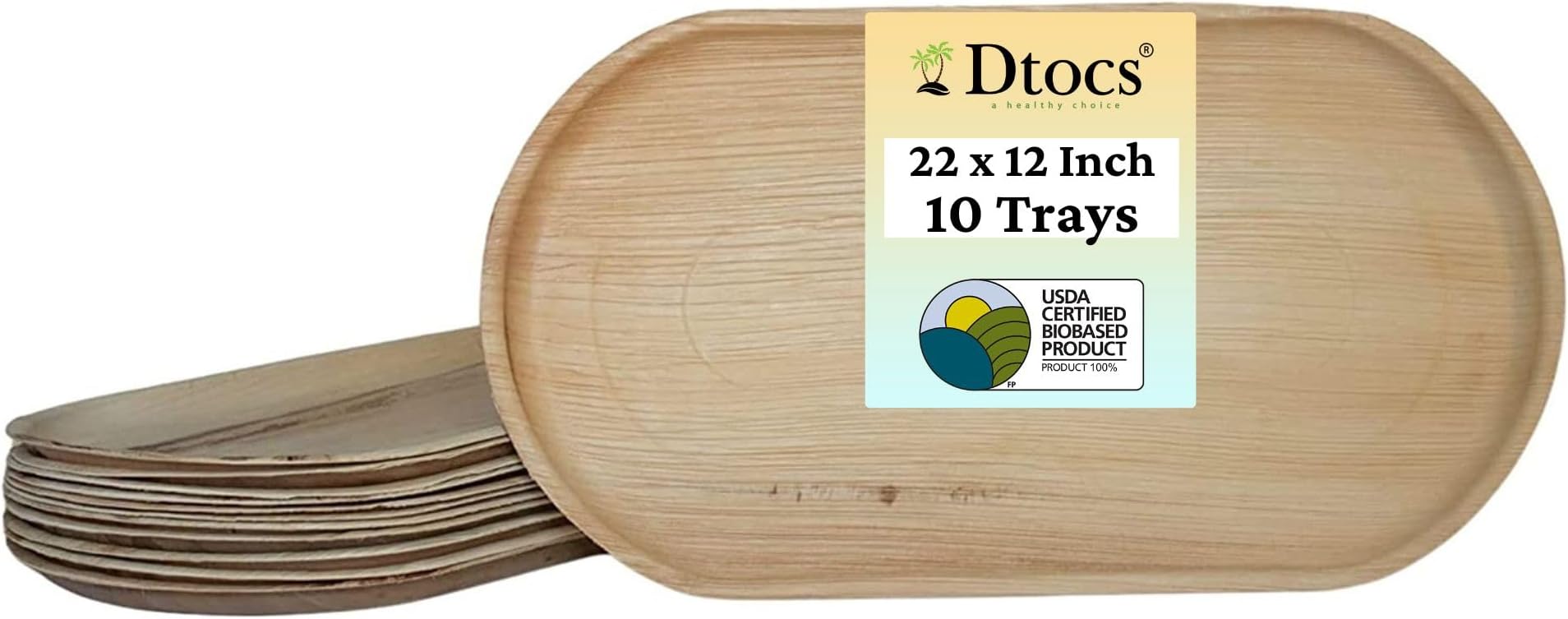 DtocsDisposable Serving Trays 22"x12" Oval Palm Leaf Platter - Extra Large Strong Compostable Plates for Charcuterie, Grazing, Weddings, Cheese Boards, Catering (10)