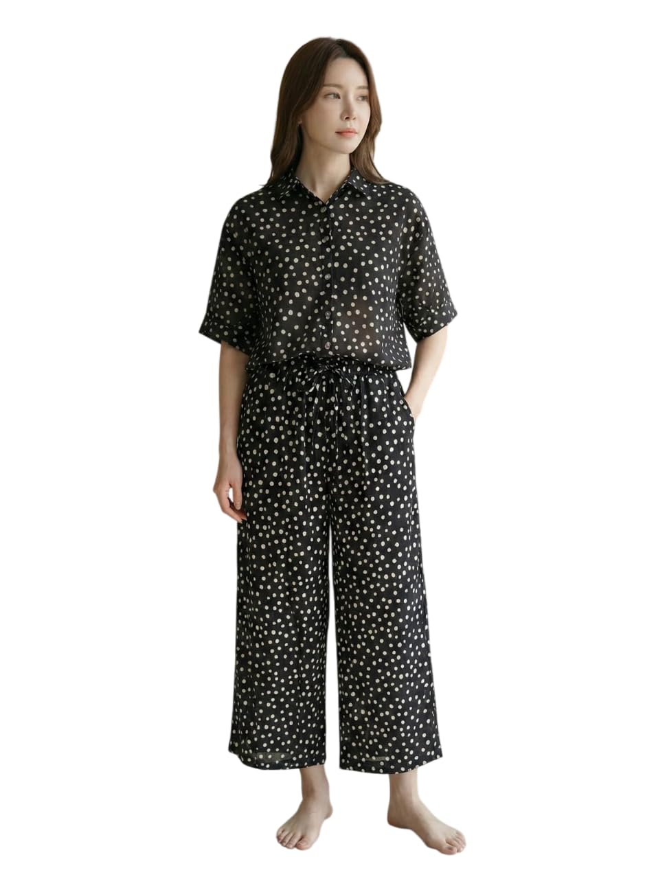 lomee Women’s Black Polka Dot Cotton Voile Co-ord Set | Shirt and Wide Leg Pants | Matching Two Piece Outfit | Free Size-picture-23
