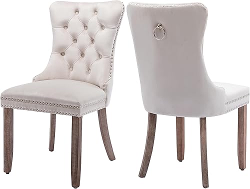 Miniatura 24 de Juego de 4 sillas de comedor de terciopelo, sillas de comedor tapizadas con ribete de cabeza de clavo, patas de madera, anillo de tracción, sillas