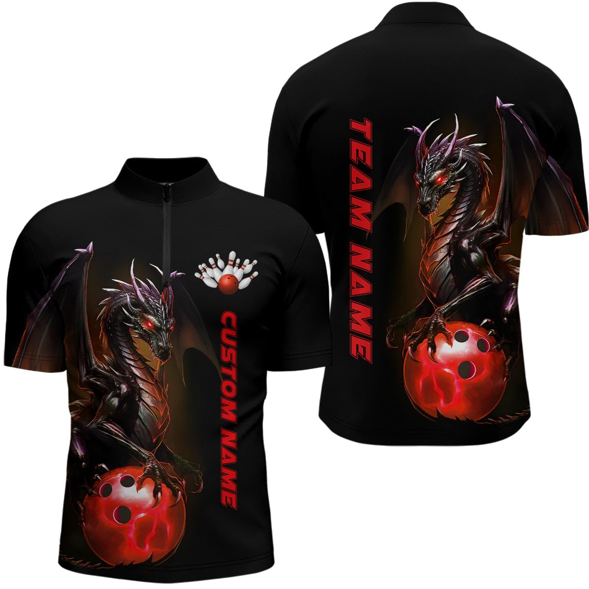 Personalisiertes Roter Drache Bowling-Polo & Viertelreißverschluss-Shirt Für Männer & Frauen, Liga-Team Trikot I5352