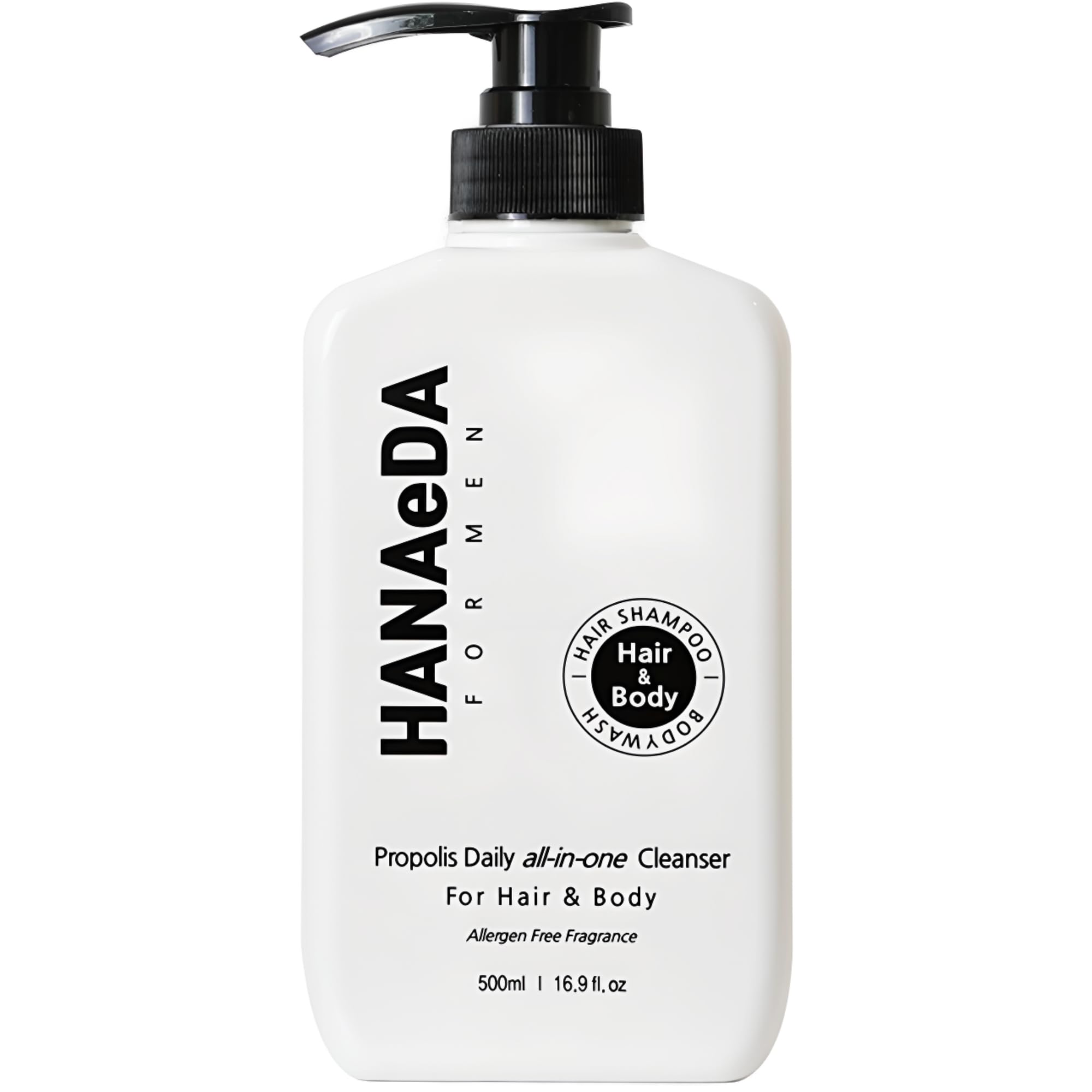 GGD GYEONGGIDO COMPANY HANAeDA Propolis All-in-One Cleanser for Men - 16.91oz, Premium Daily Hair, Scalp & Body Wash with Lactobacillus & Centella - Refreshing Hydration, Deep Clean Pump Dispenser