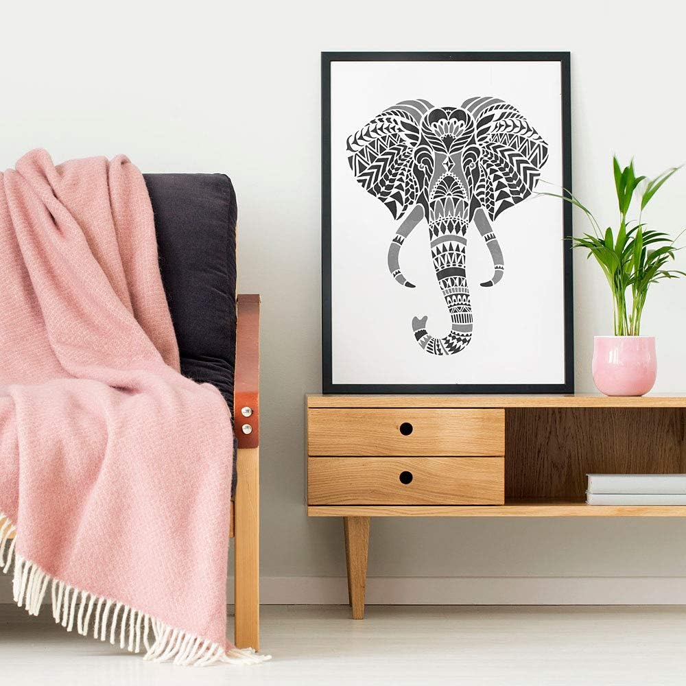 Elephant Head Wall Art Stencil - DIY Tribal Design - Geometric Stencil for Home Makeovers (Medium)