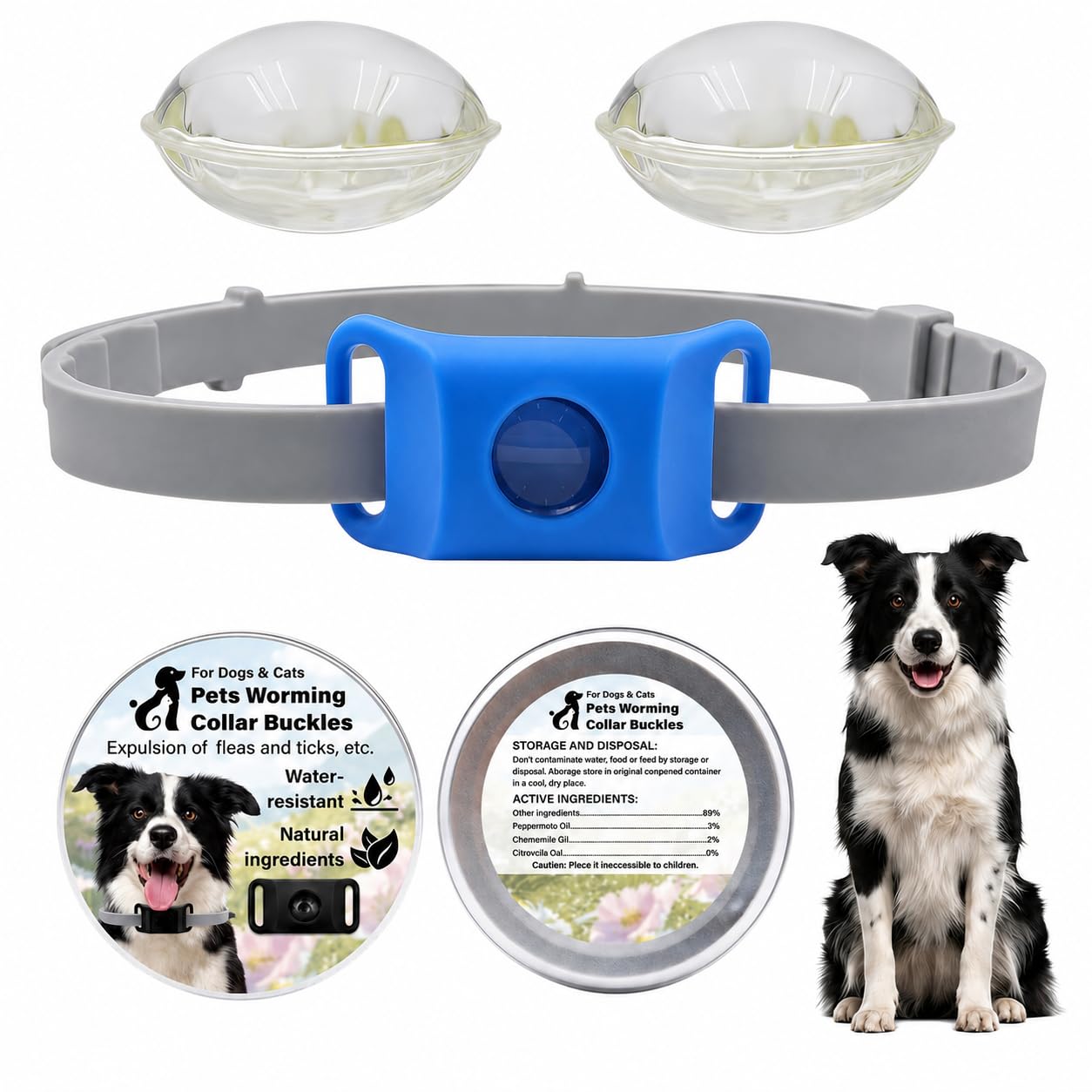 Aquality Collar Antiparasitario Gatos Perros con Cápsulas Reemplazables Difusor Natural Ajustable Resistente Al Agua para Paseos Exterior (Azul)