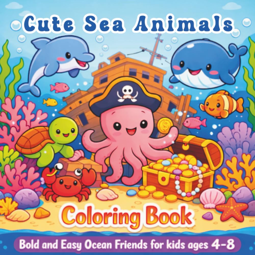 Cute Sea Animals Coloring Book: Bold and Easy Ocean Friends for kids Ages 4-8