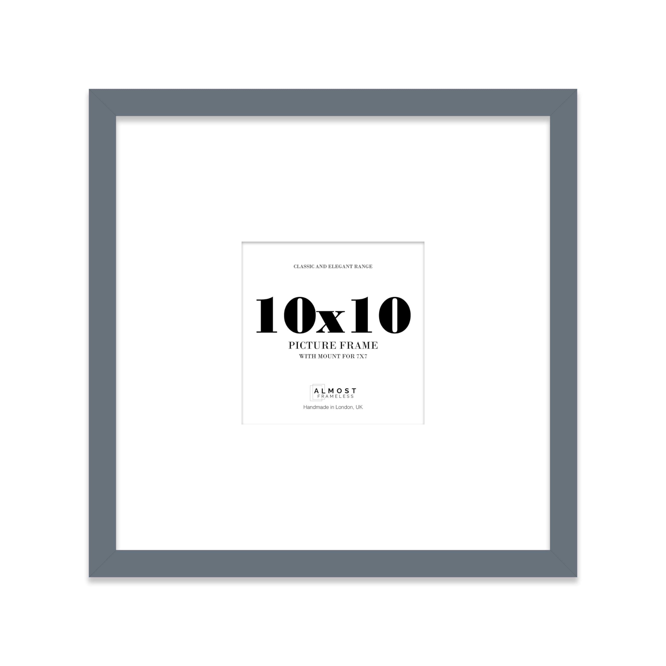 Almost Frameless 10x10 Square Picture Frame, Display Pictures 7x7 With Mat or 10x10 Without Mat, Wall Hanging & Free Standing Photo Frame, Grey, 1 Pack