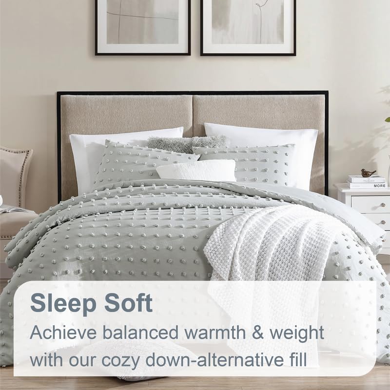 Image of Swift Home Full /Queen Gray Comforter Set - Decorative Tufted Pom Poms Bedding Set - 3 Pieces Bed Linen, 1 Comforter and 2 Pillow Shams