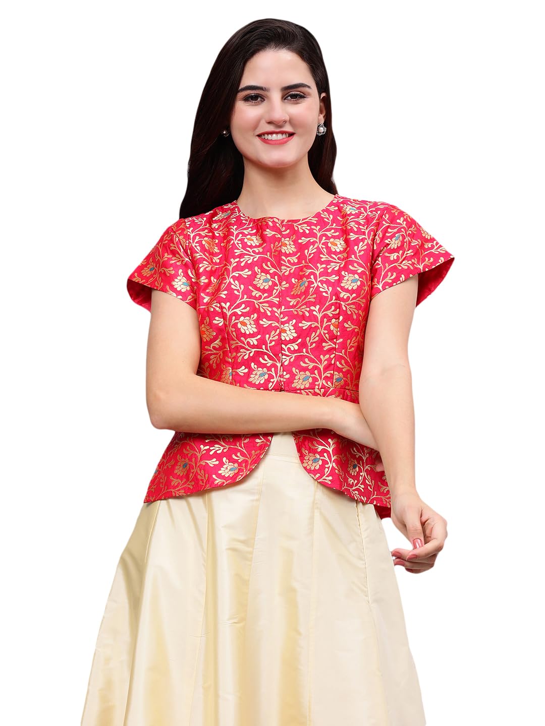 fr frolic rolic Frolic Rolic Orange Silk Jacquard Wowen Design Waist Length Ethnic Blouse-picture-24