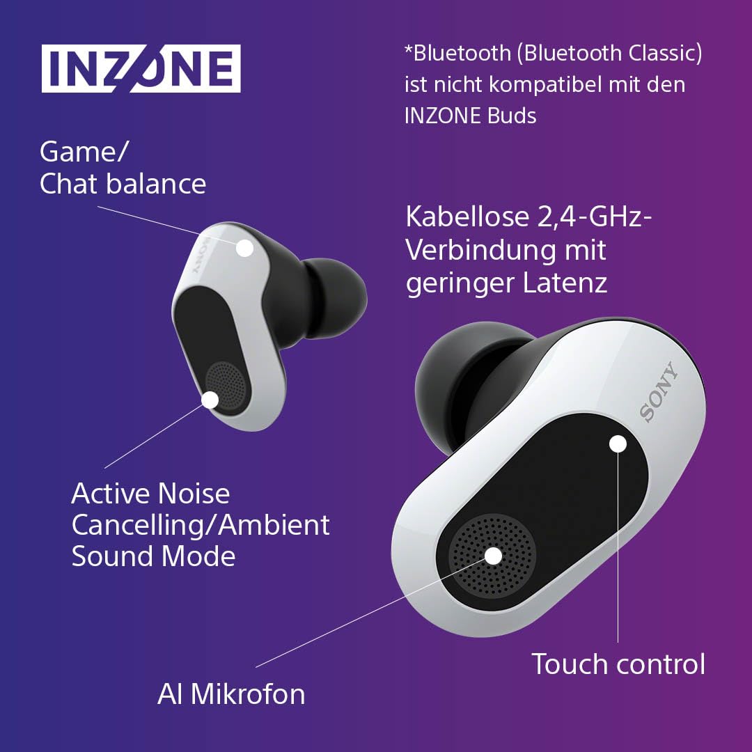 Sony INZONE Buds In-Ear Gaming Kopfhörer PC PS5 360 Spatial Sound Active Noise Cancelling AI-Mikrofon 24H Akku Weiß