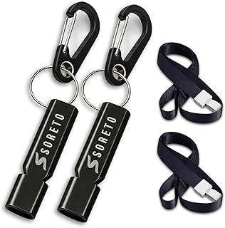 SORETO Emergency Survival Whistle, Double Tubes Safety Whistles with Carabiner, Black and Red, 2 Pack for Outdoor Camping, Hiking, Boating, Sports, Dog Training