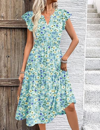 Image of ZEAGOO Womens Summer Casual Dresses Ruffle Sleeve V Neck Midi Dress Flowy Tiered Dress with Pockets Boho Sundresses