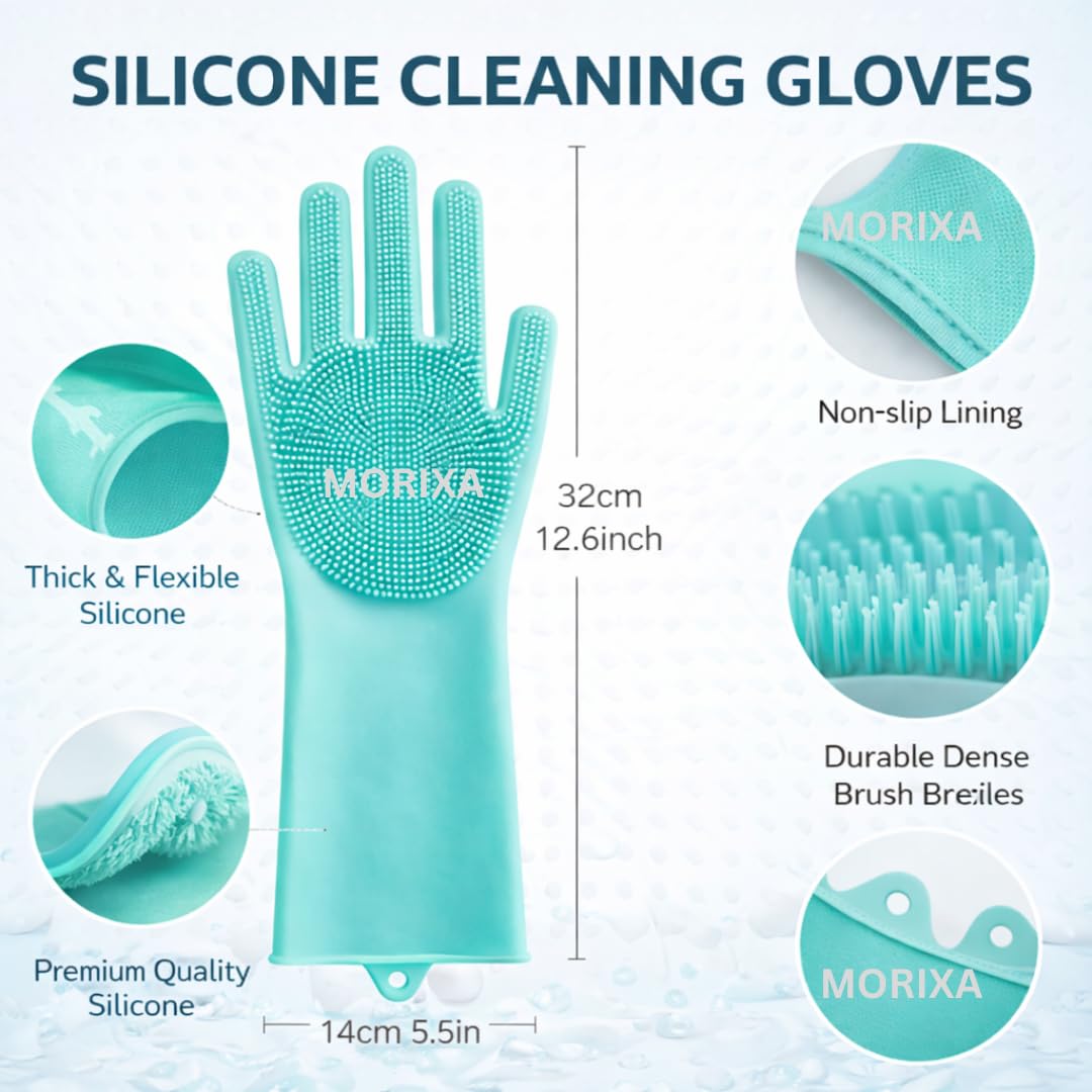 MORIXA Magic Silicone Cleaning Gloves (1 Pair Multicolour) Heat Resistant & Non-Slip Dishwashing Gloves for Kitchen, Bathroom, Car Cleaning & Pet Grooming | Reusable Soft Scrubber Gloves 4