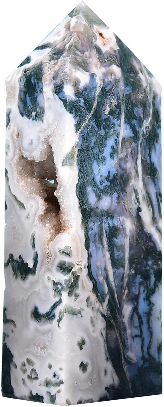 AMOYSTONE Large Crystal Geode Tower Blue Hemimorphite Pointed Wand Obelisk Healing Reiki, Chakra, Home Décor 1.7-2 LBS