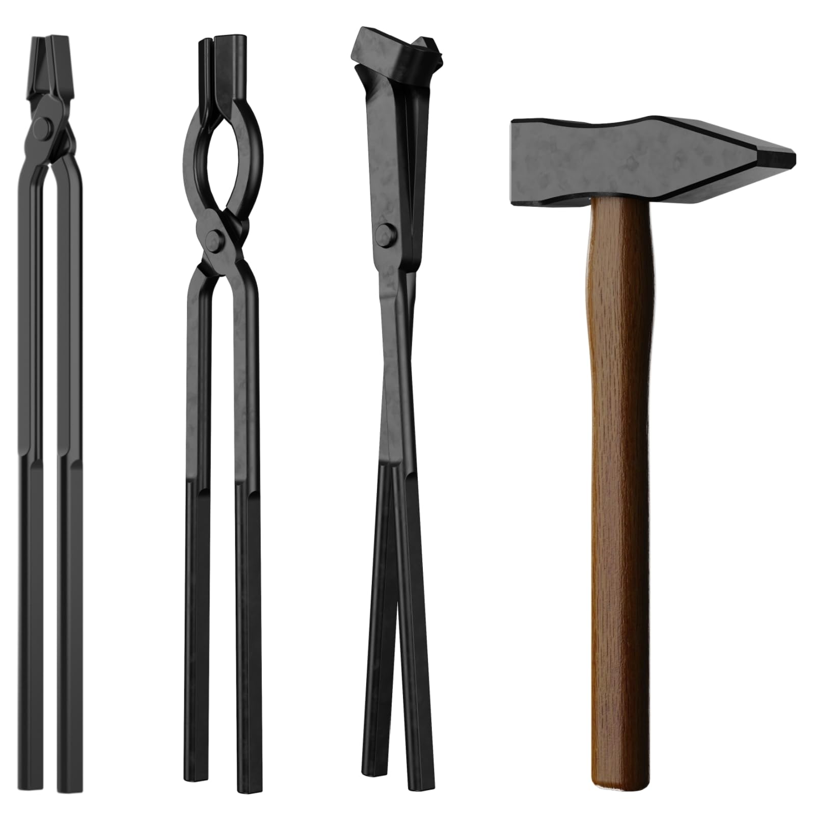 4PCS Blacksmith Tongs &amp; Hammer Set for Knife Making, 3/8" V-Bit Bolt, V-Bit Blade, Flat Tongs and Forging Hammer, High Carbon Steel Tools for Bladesmithing