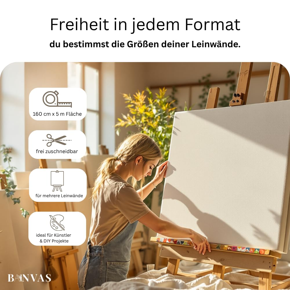 BANVAS Premium Leinwandstoff Baumwolle 280 g/m² – Ungrundierte, reißfeste Künstlerleinwand 160 cm × 5 m - 100% Raw Cotton Leinwandstoff - Maluntergrund für Acryl, Öl & Mixed Media