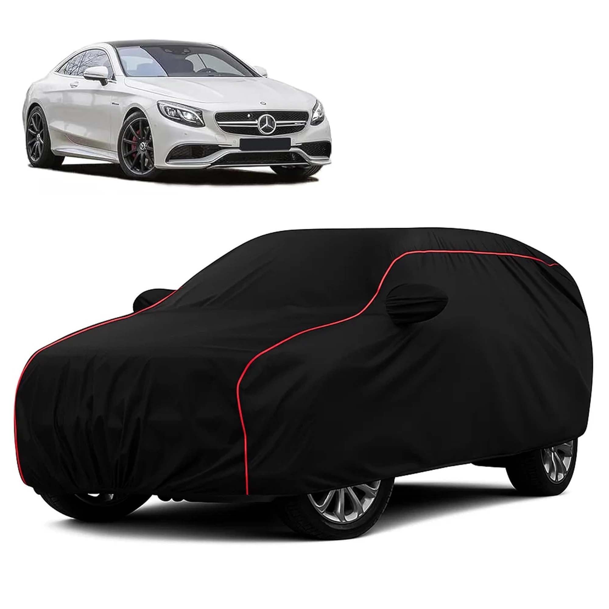 Sulfar 100% Water Resistant Car Body Cover Compatible with Mirror for Mercedes Benz S500 (Triple Stitched, Full Bottom Elastic, Black with Red Piping)
