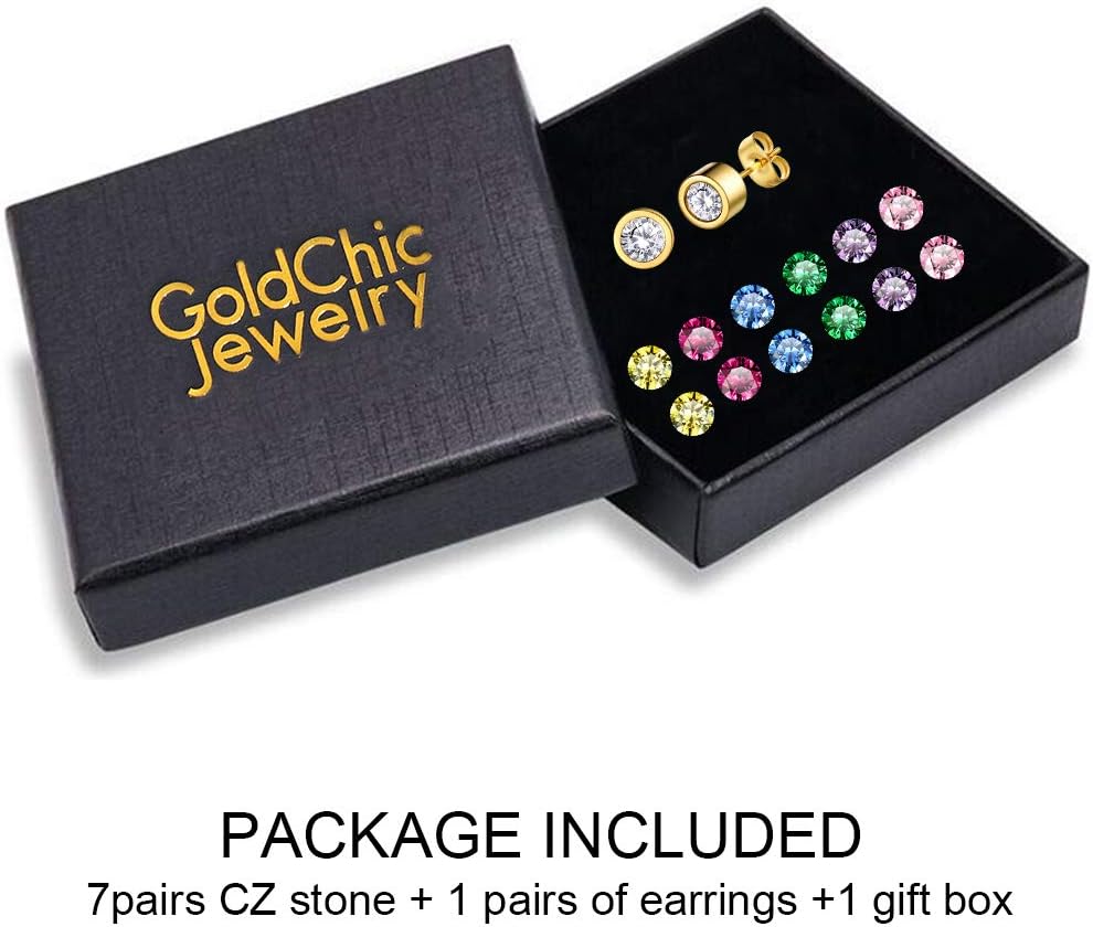 GoldChic Jewelry 5mm Cubic Zirconia Bezel Set Stud Earrings Gold, Interchangeable Earrings,Stainless Steel Birthstone Earrings, 7 pairs CZ Stone Stud Earrings set for Women - Image 7