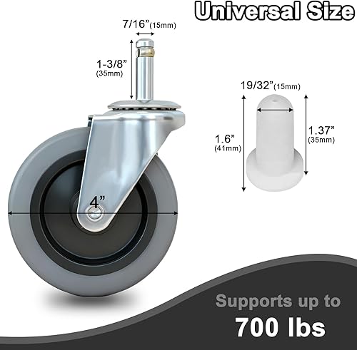 Miniatura 2 de Ruedas giratorias de vástago de 4 pulgadas, ruedas giratorias de goma con vástago de 716 de pulgada, ruedas de alta resistencia de TPR de repuesto