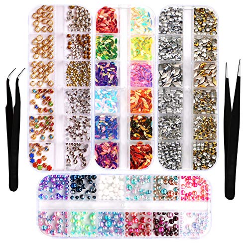 Zasiene Strass Unghie Nail Art 4 Scatole Perline per Unghie Strass in Cristallo per Nail Art Brillantini per Decorazioni Cristallo per Unghie Nail Art Strass con 2 Pezzi Pinzetta per Nail Decorazione