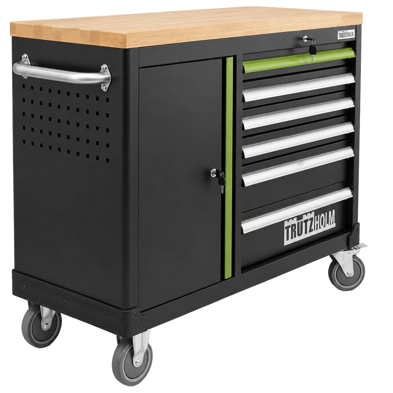 TRUTZHOLM Werkzeugwagen leer Deluxe, Werkstattwagen mit 6 Schubladen & Türfach, abschließbarer Werkzeugschrank rollbar mit Massivholz-Arbeitsplatte, fahrbare Werkbank 108 x 46,5 x 77 cm, grün/schwarz