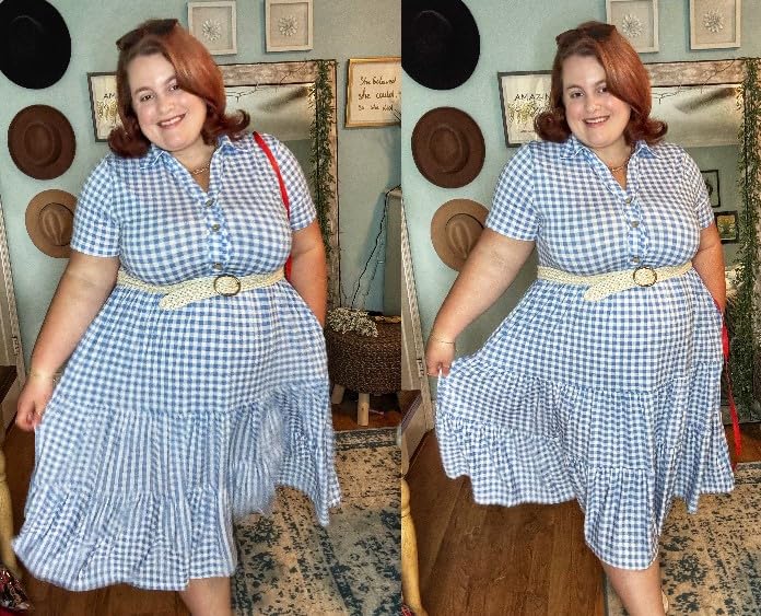 Image of CARCOS Plus Size Dresses for Curvy Women Collared Vneck Short Sleeve Dresses Midi Summer Ruffle Dress with Pocket XL-5XL