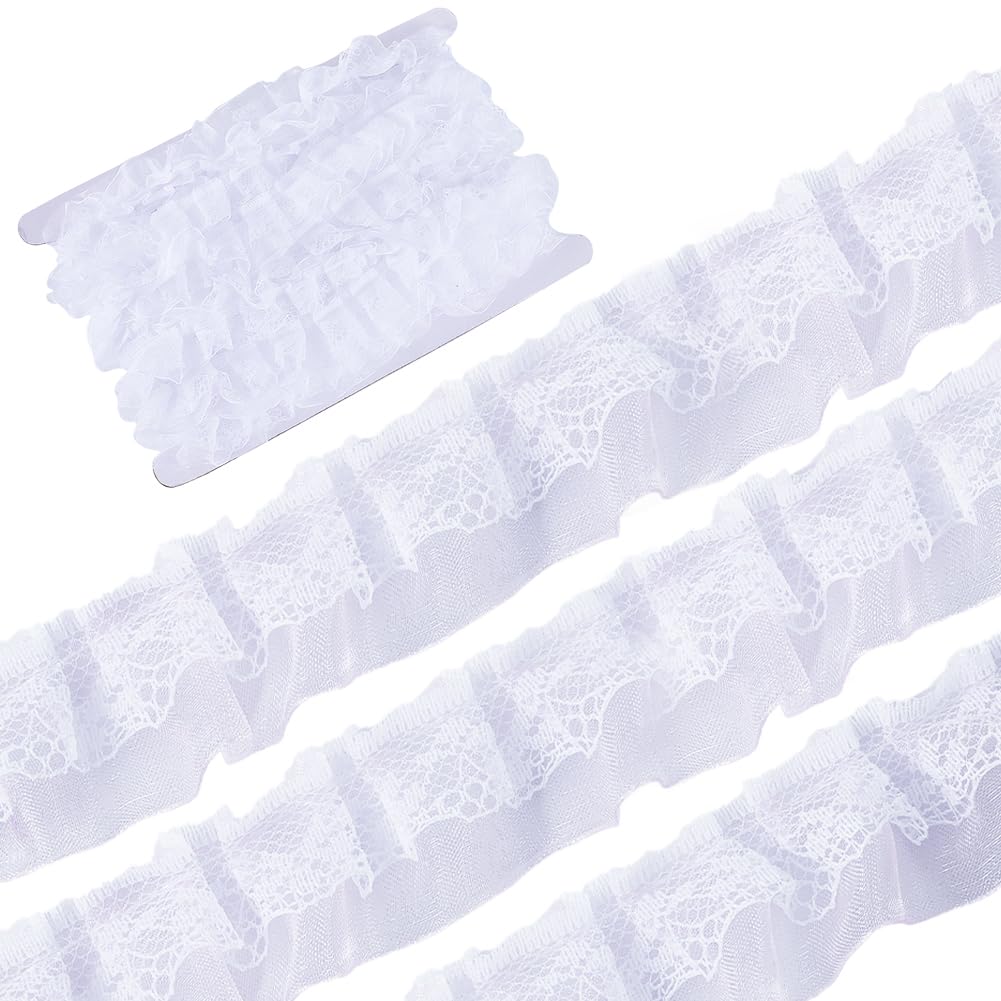 GORGECRAFT 12.5 Yards White Double Layers Organza Lace Ribbon Pleated Satin Lace Edge Trim 1 Inch Wide Ruffle Chiffon Edging Trimmings Tulle Fabric for Cloth Applique Embellishment DIY Sewing Crafts