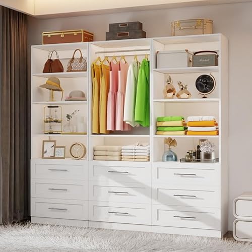 Closet System with 3 Sets, 6–16 FT Closet System with 9 Drawers, 9 Shelves & 4 Adjustable Hanging Rods, Max 189.3" Closet Organizer Systems for Walk-in Closets, Modular Custom Closet Tower, White