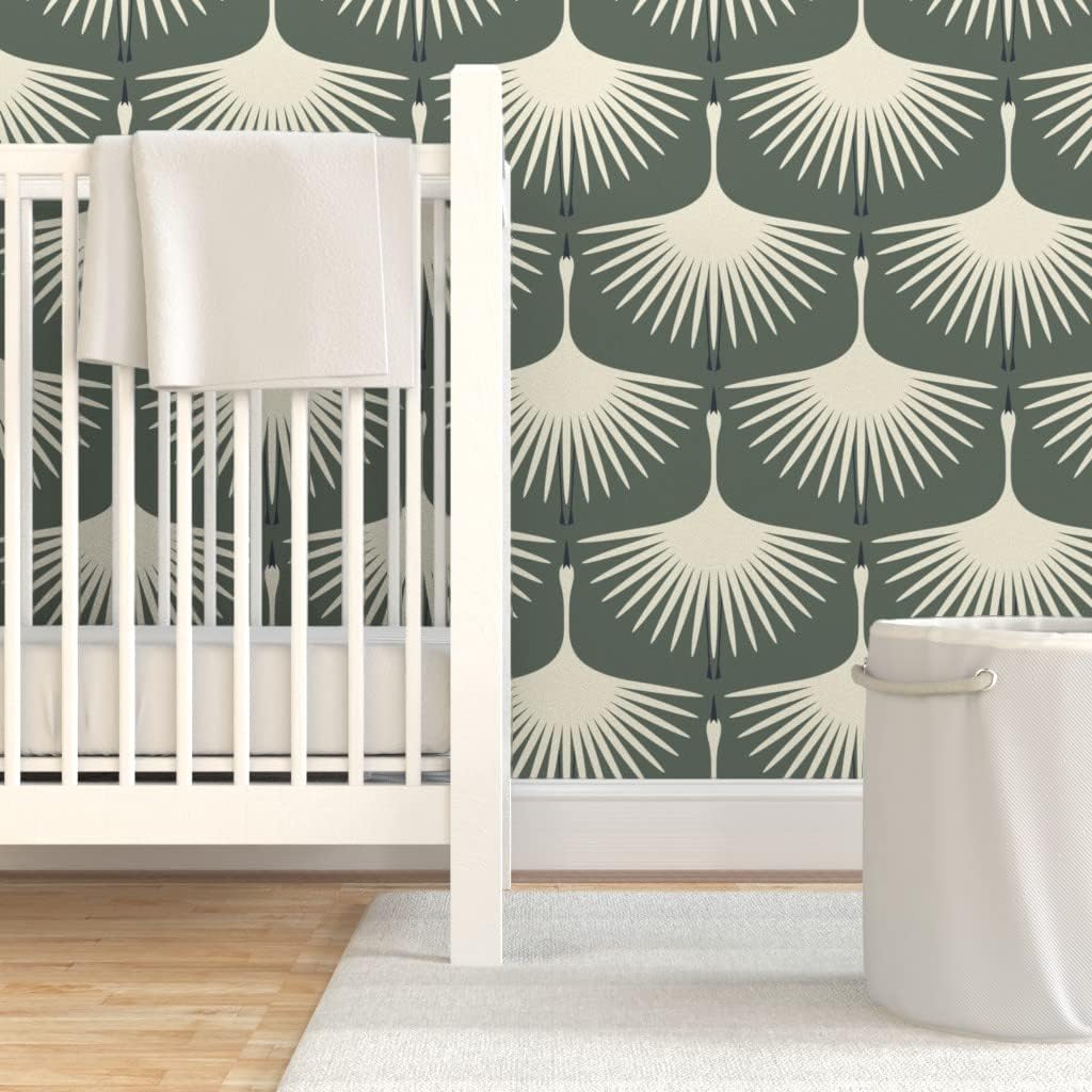 Spoonflower Removable Wallpaper 6ft x 2ft - Art Deco Green Geo Nature Swan Cranes Swans Birds Custom Pre-Pasted Wallpaper