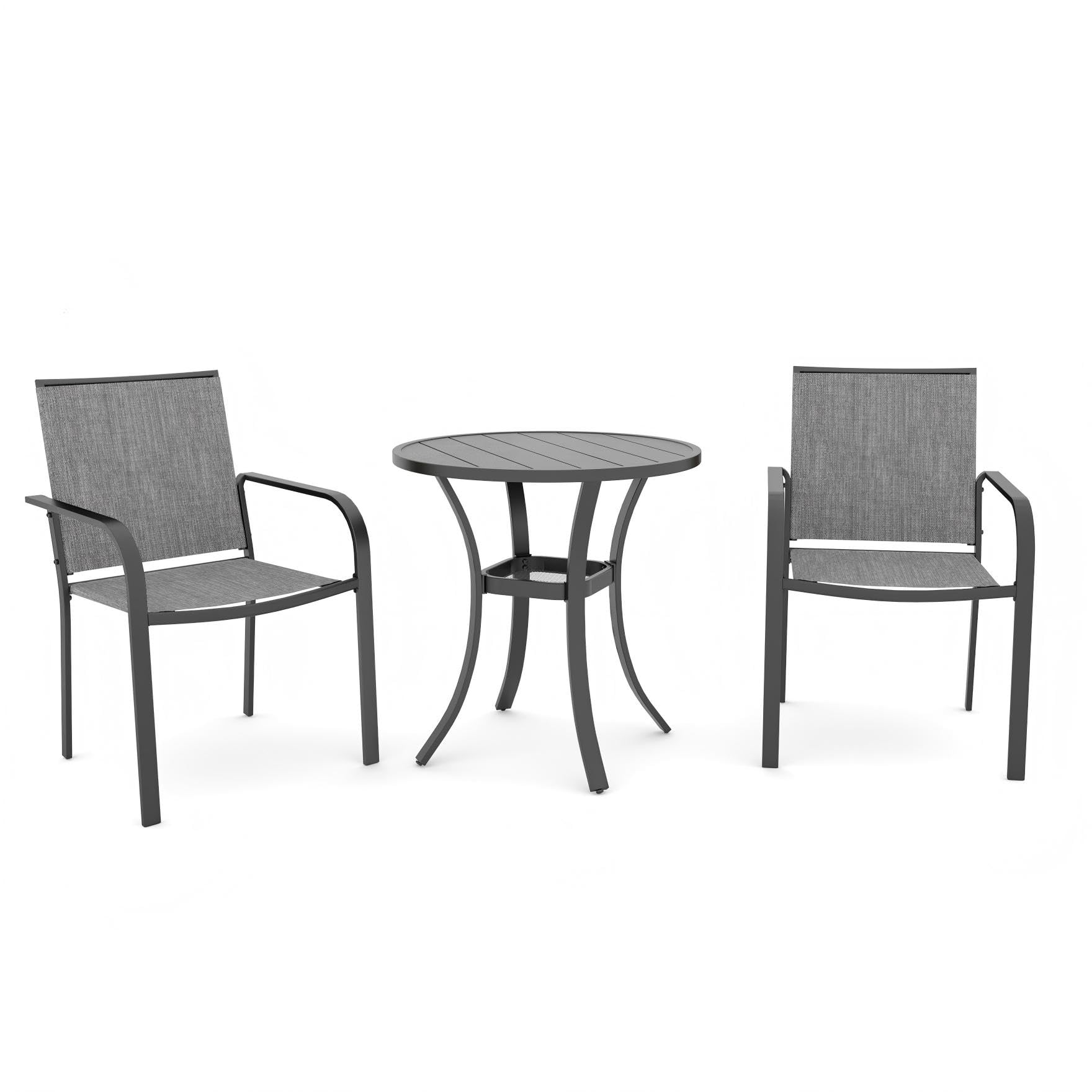 Anmutig 3 Piece Outdoor Bistro Set, 27.5" Round Metal Table, Gray Chairs