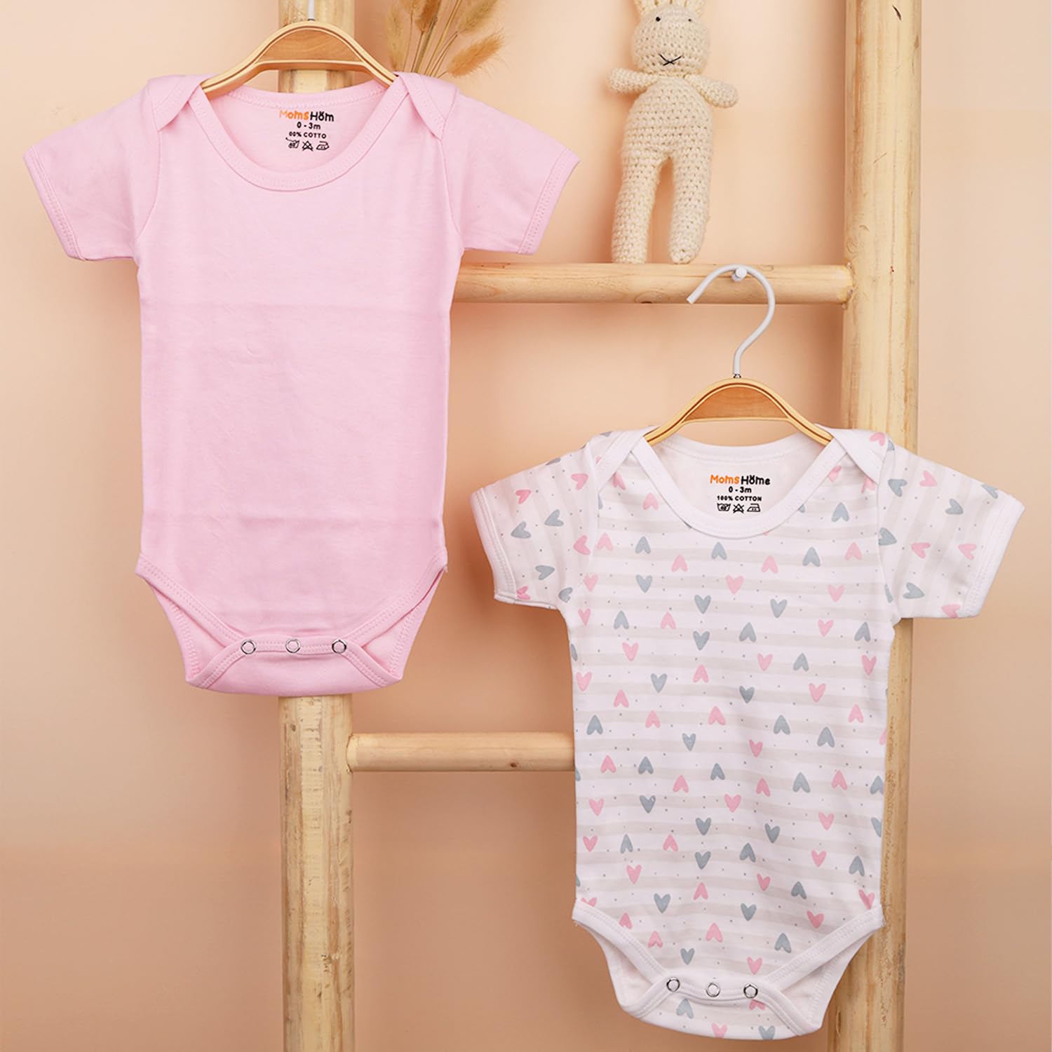 MOM'S HOME Organic Cotton Baby Half Sleeve Onesie | Pack of 2 (Little Hearts & Pink, 3-6 Months) 1