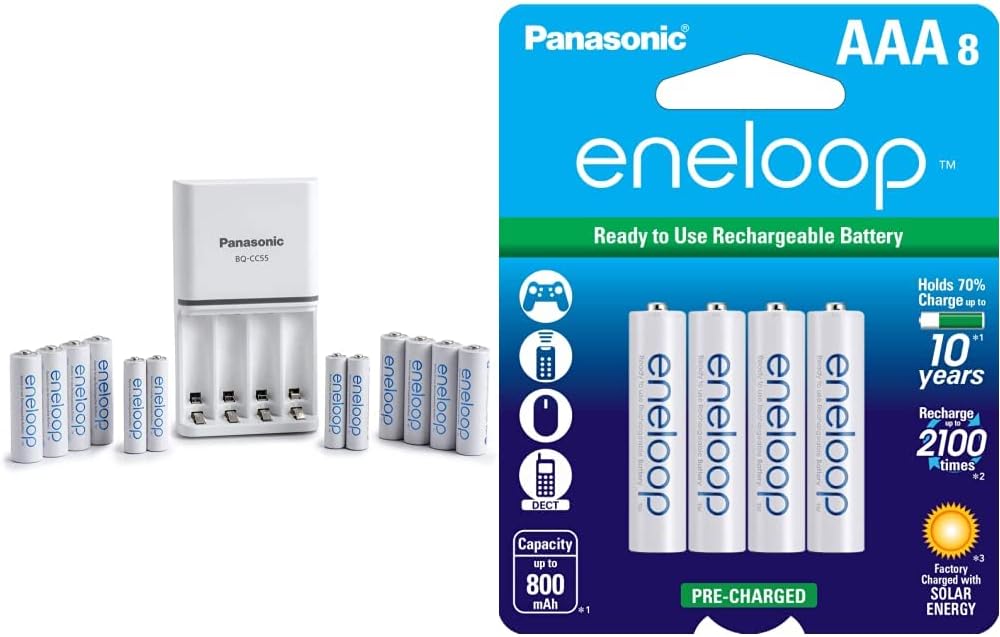 Eneloop Panasonic K-KJ55MC84CZ Power Pack; 8AA, 4AAA, and Advanced Battery 3 Hour Quick Charger & BK-4MCCA8BA AAA 2100 Cycle Ni-MH Pre-Charged Rechargeable Batteries, 8 Pack