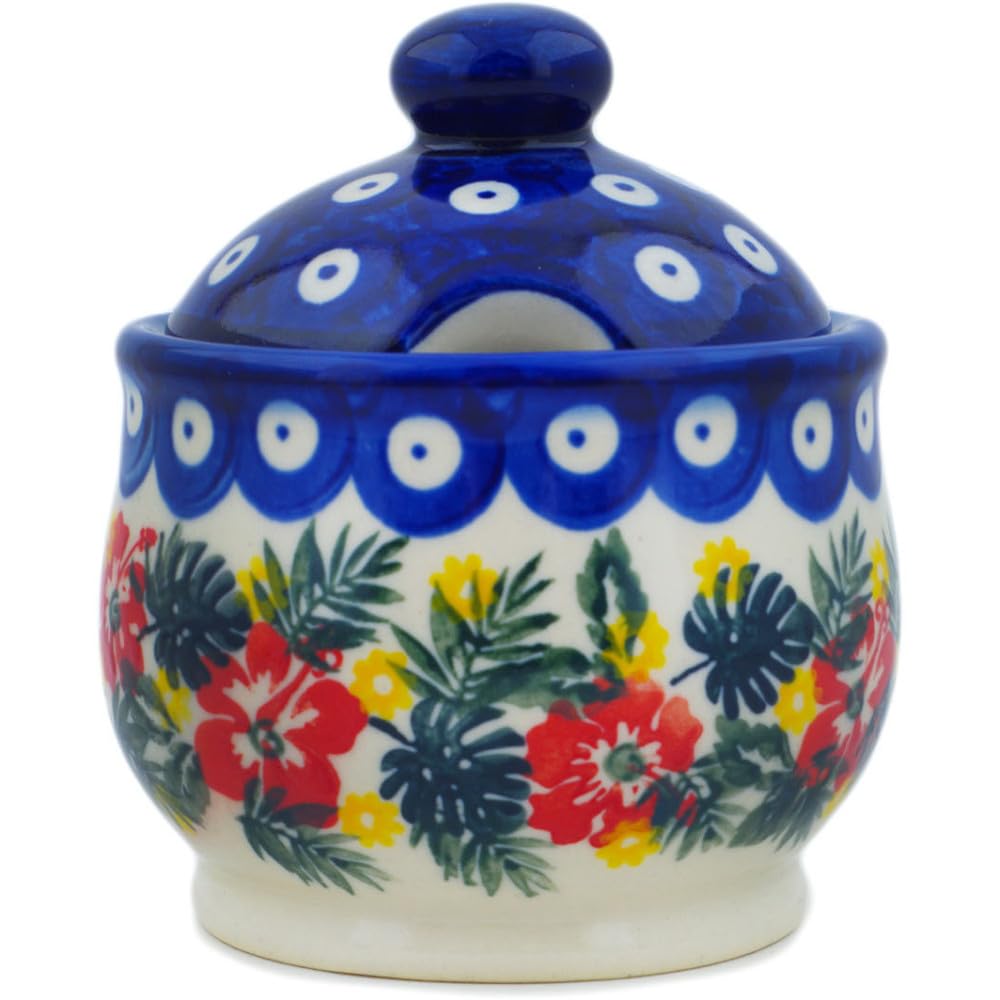 Authentic Polish Pottery Sugar Bowl 9 oz Signature UNIKAT in Tropical Peacock Design Handmade in Boles?awiec Poland by Ceramika Bona + Certificate of Authenticity