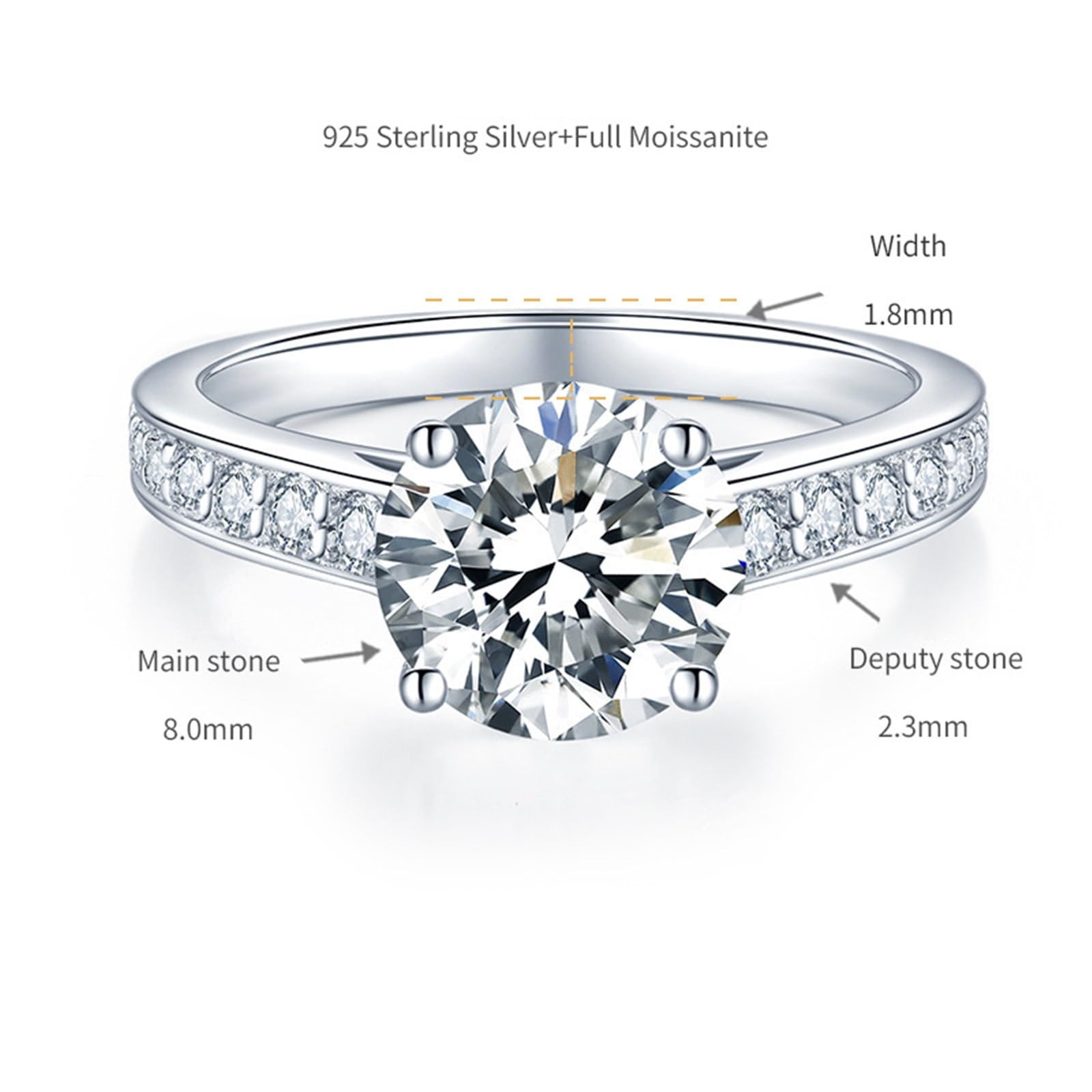 Anello di fidanzamento da donna, fantasia, anello indice da donna, 4 artigli con taglio rotondo da 2 carati, moissanite in argento 925, misura 57 (18,1)