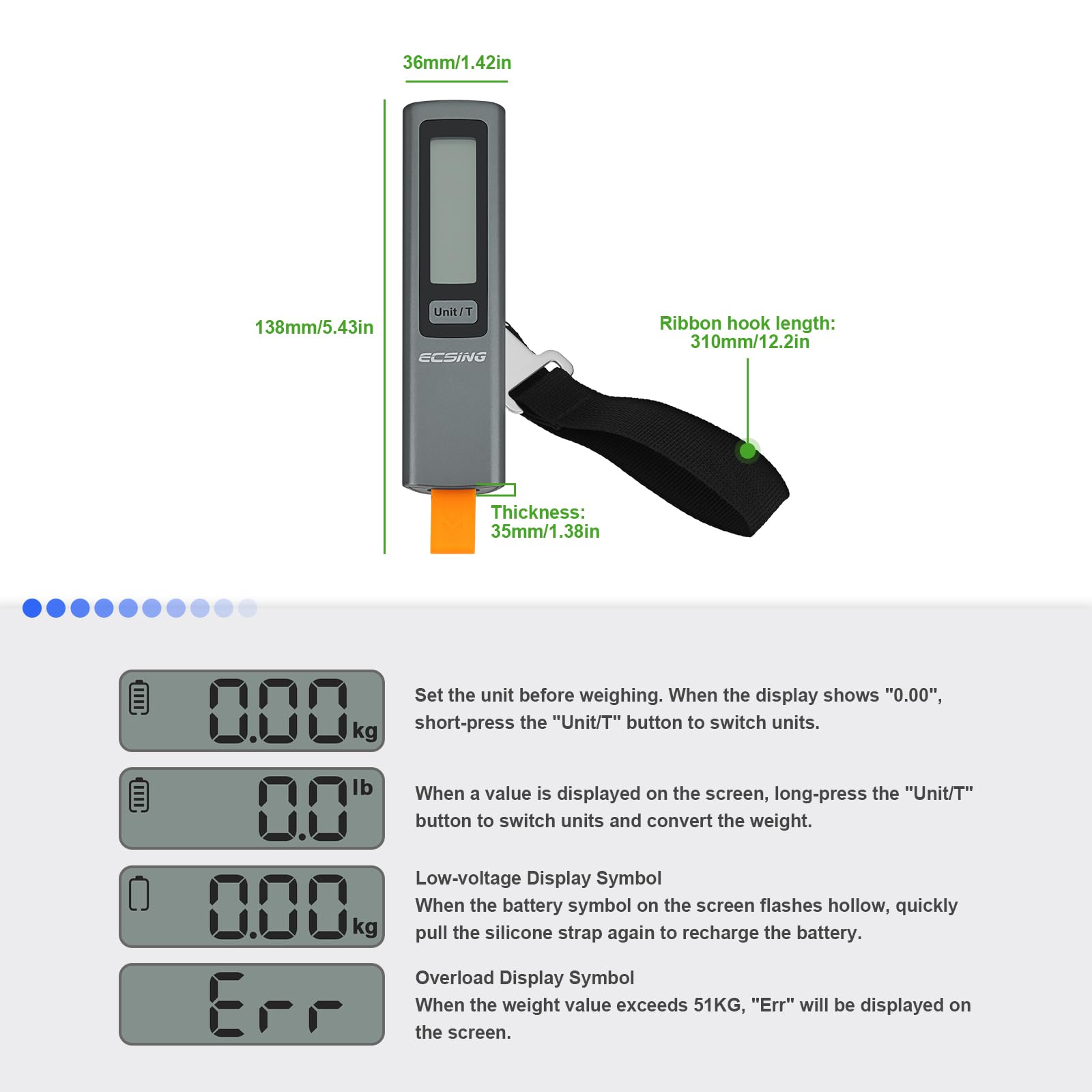 ECSiNG Balance à Bagages Portable sans Pile - Écran LCD Numérique Rétroéclairé Pèse-bagages Portable 50 Kg pour Voyage Avion Et Expédition