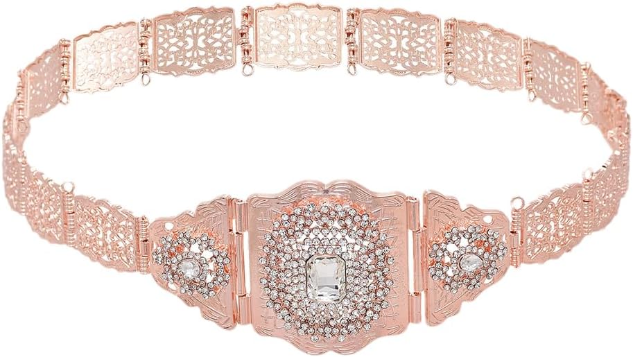 Women’S Gold Hollowed Crystal Flower Body Chain Waist Belly Chains For Moroccan Robe And Bride Wedding Jewelry