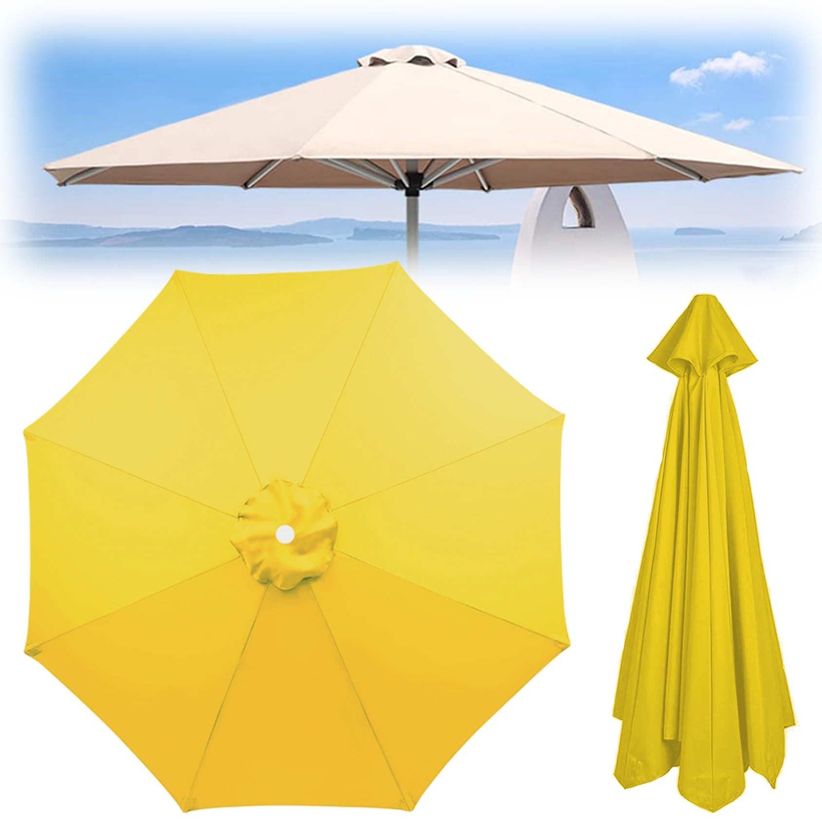 Telo Di Ricambio Copertura Per Ombrellone - 2.0 M, 2,7 M, 3,0 M - Ricambio Telo Ombrellone Da Giardino - Telo Per Ombrellone In Poliestere 160 G/m² Resistente Ai Raggi UV E All'Acqua(Yellow,8 RIBS: 35